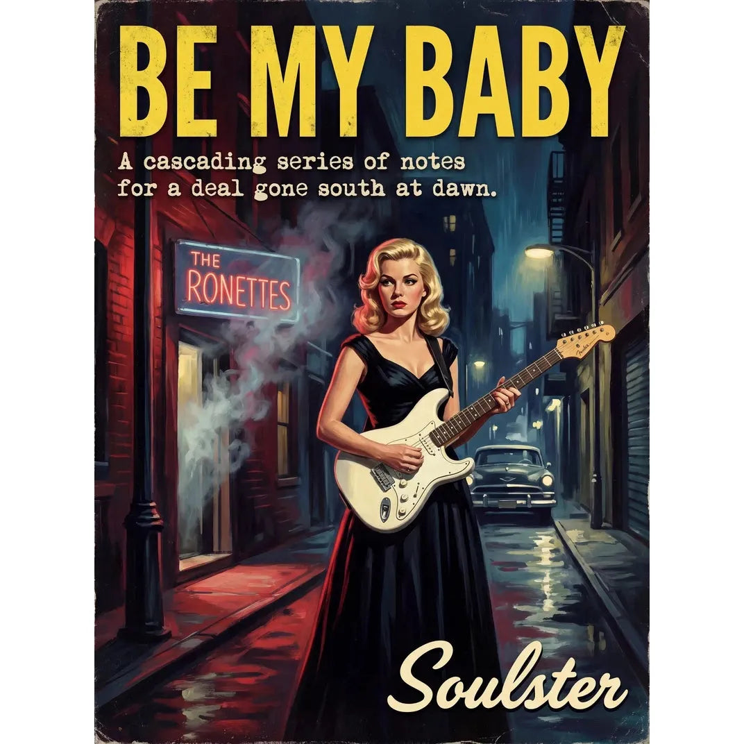 Soulster cinematic vintage pulp book cover art print illustration styled in a classic 1950s theme inspired by Be My Baby.