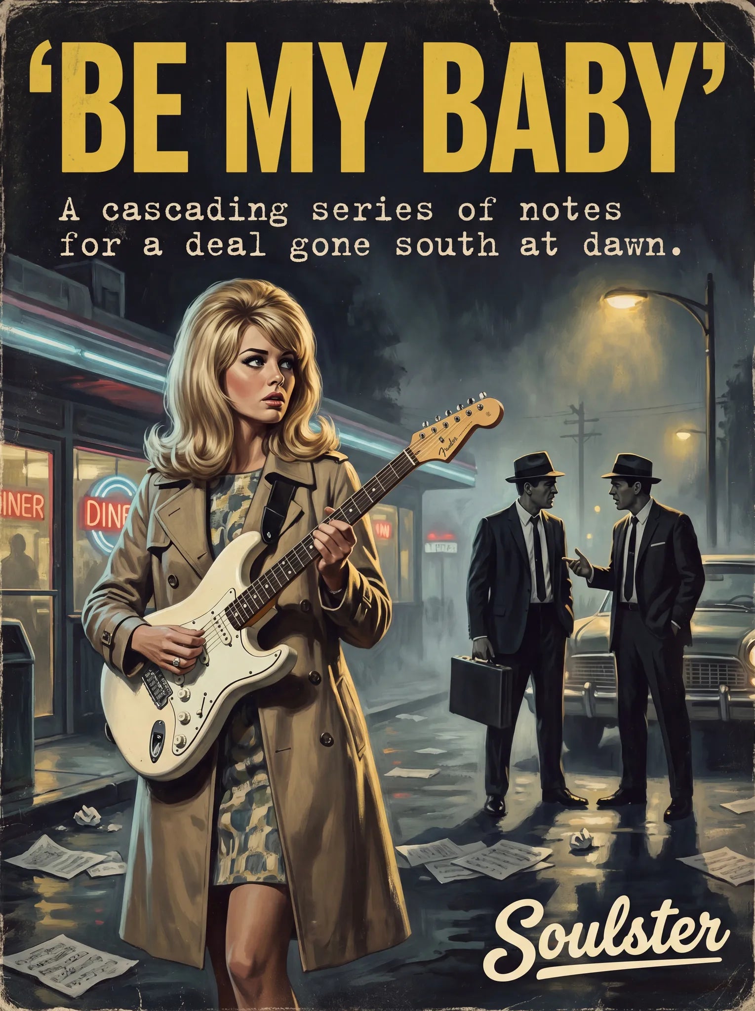 Soulster cinematic vintage pulp book cover art print illustration styled in a classic 1960s theme inspired by Be My Baby.
