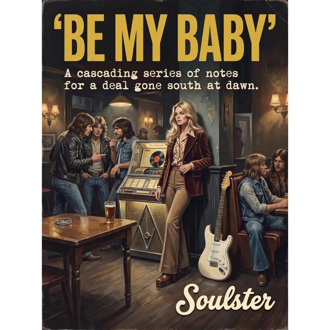 Soulster cinematic vintage pulp book cover art print illustration styled in a classic 1970s theme inspired by Be My Baby.
