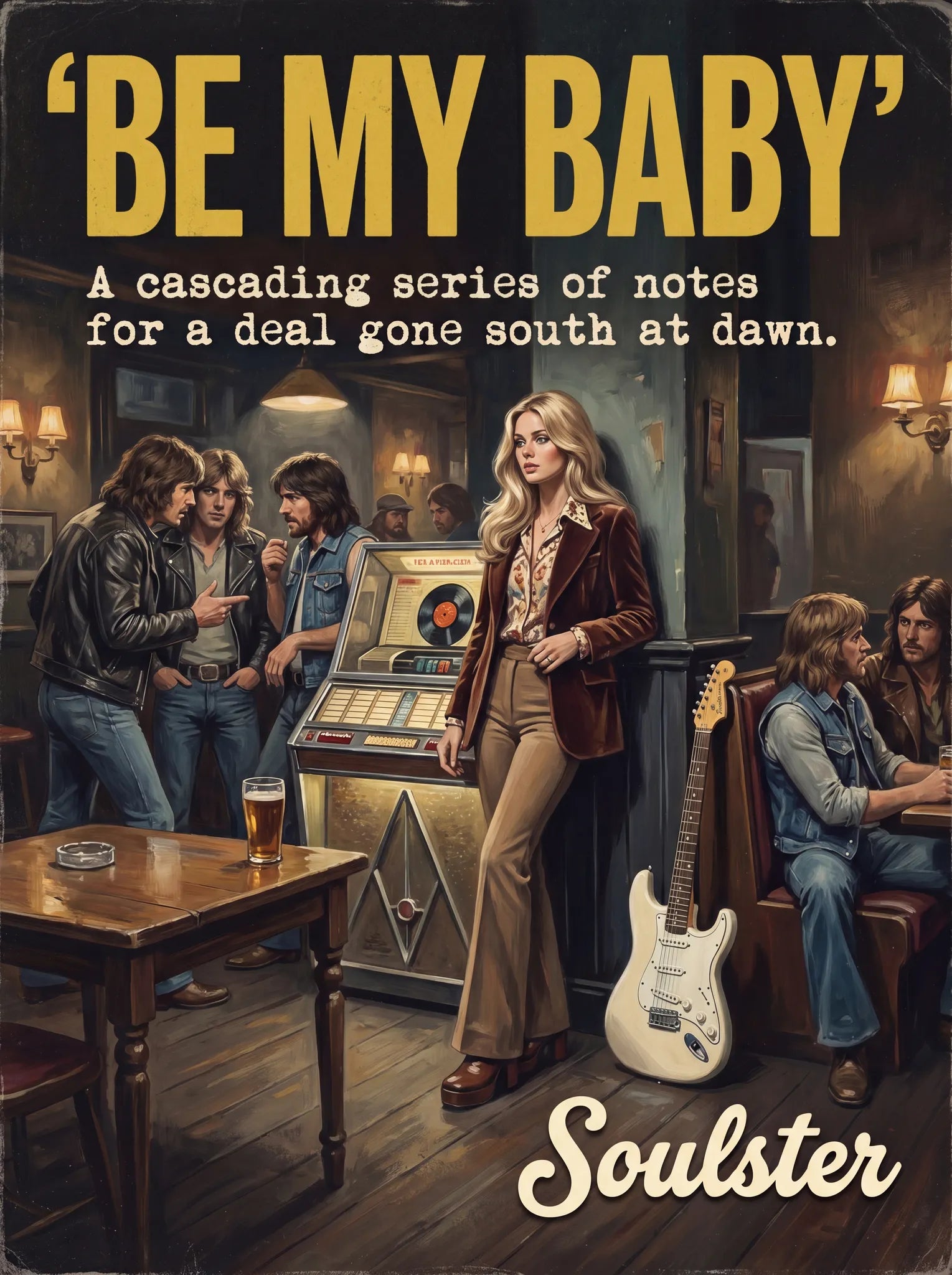 Soulster cinematic vintage pulp book cover art print illustration styled in a classic 1970s theme inspired by Be My Baby.