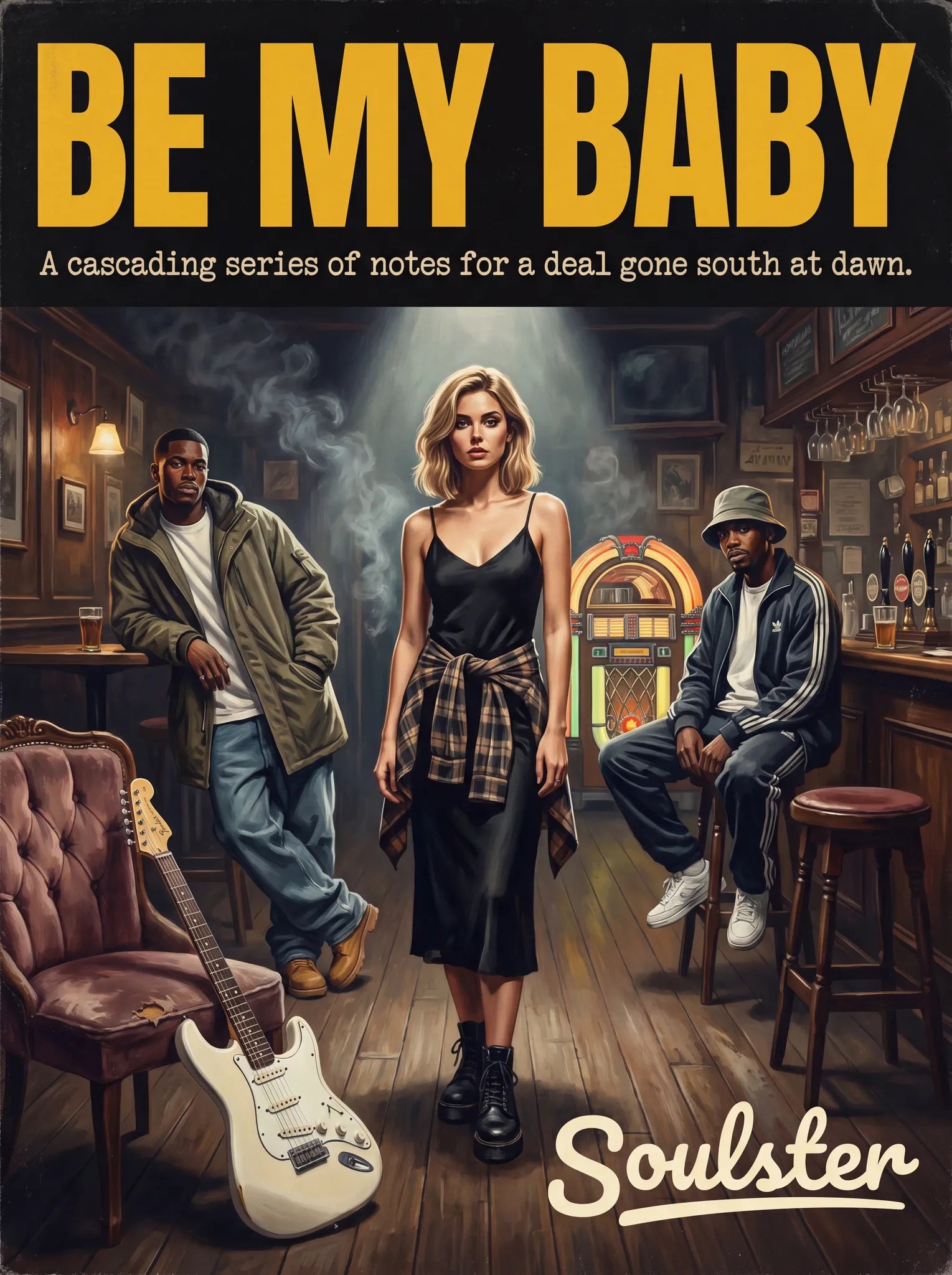 Soulster cinematic vintage pulp book cover art print illustration styled in a classic 1990s theme inspired by Be My Baby.