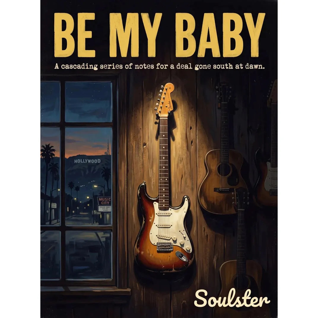 Soulster Manchester Edition wall art print showing a cinematic pulp style design of a Vintage Guitar inspired by Be My Baby - Los Angeles.