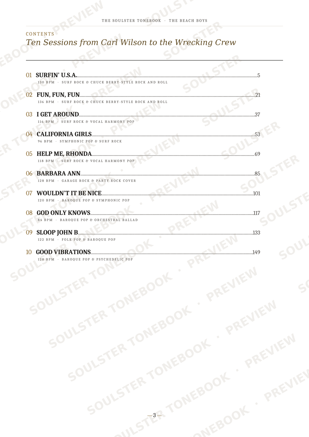 A printed table of contents page from a book, showing the title 'Ten Sessions from Carl Wilson to the Wrecking Crew' and a list of chapters with page numbers. The page is white with black text and repeated diagonal 'SOULSTATER TONEBOOK' watermarks across it.