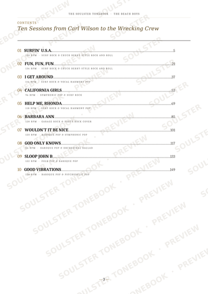 A printed table of contents page from a book, showing the title 'Ten Sessions from Carl Wilson to the Wrecking Crew' and a list of chapters with page numbers. The page is white with black text and repeated diagonal 'SOULSTATER TONEBOOK' watermarks across it.