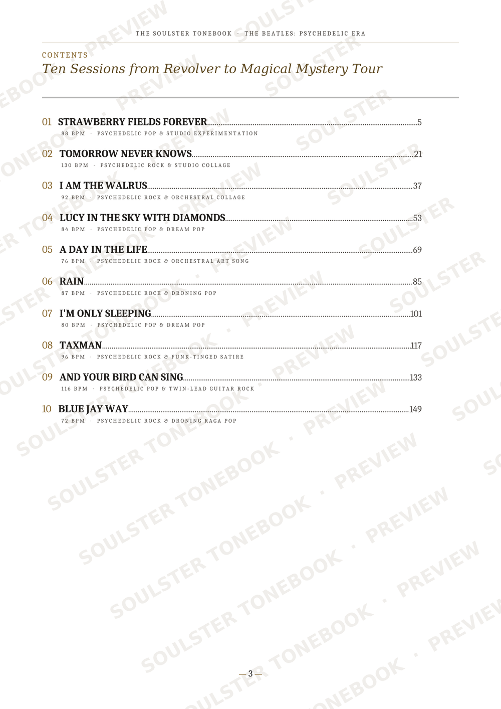 A printed table of contents page from a book or ebook, titled 'Ten Sessions from Revolver to Magical Mystery Tour,' with song titles listed under a contents heading. The page is mostly white with black text and repeated diagonal Soulister Tonebook preview watermarks across it.