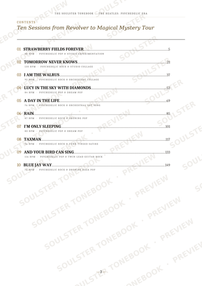 A printed table of contents page from a book or ebook, titled 'Ten Sessions from Revolver to Magical Mystery Tour,' with song titles listed under a contents heading. The page is mostly white with black text and repeated diagonal Soulister Tonebook preview watermarks across it.