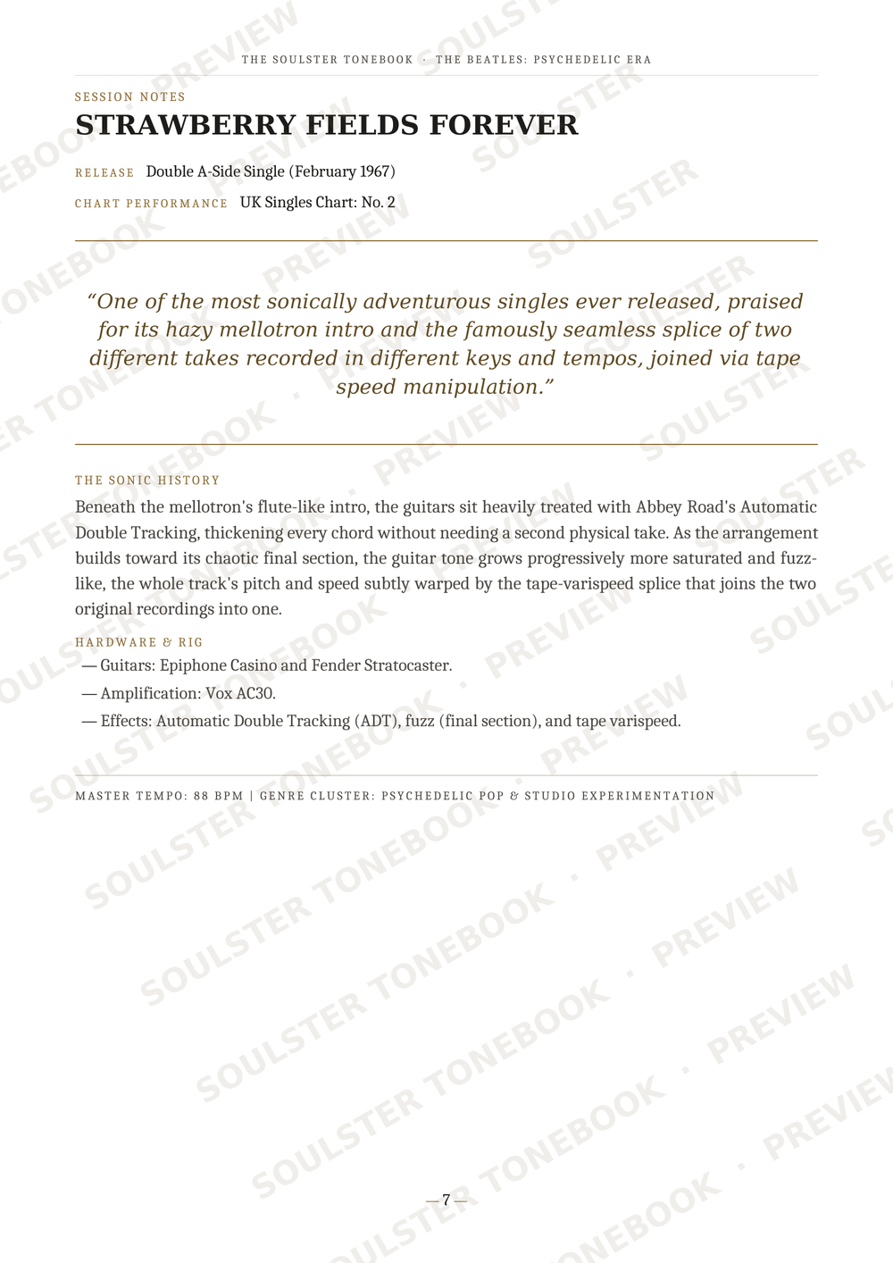 A printed page from a music publication featuring the Strawberry Fields Forever single cover information, including release date, chart performance, a quote, track listing, and credits. The page has a white background with black text and diagonal watermark text reading 'SOULSTERSONGSTONETONE.