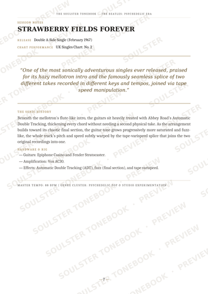 A printed page from a music publication featuring the Strawberry Fields Forever single cover information, including release date, chart performance, a quote, track listing, and credits. The page has a white background with black text and diagonal watermark text reading 'SOULSTERSONGSTONETONE.