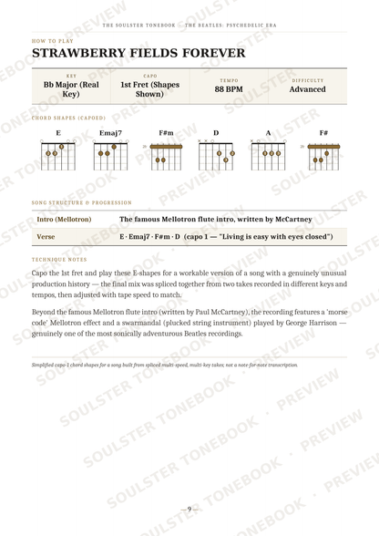 A printed or digital sheet music page titled "Strawberry Fields Forever" showing chord charts, tempo markings, and production notes for a flute arrangement.
