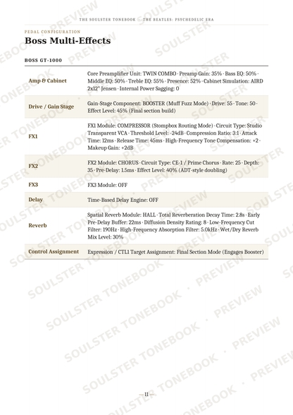 A printed page from a SOULSTER TUNING manual titled 'Boss Multi-Effects' with a table of settings and controls for the BOSS GT-1000, including Amp, Cabinet, Drive, FX, FX2, FX3, Delay, and Reverb. The page has a white background with black text and diagonal gray watermarks.