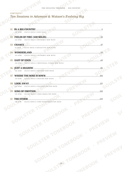 A printed table of contents page from a book, showing chapter titles and page numbers with repeated Soulfire Tonebook preview watermarks across the page.