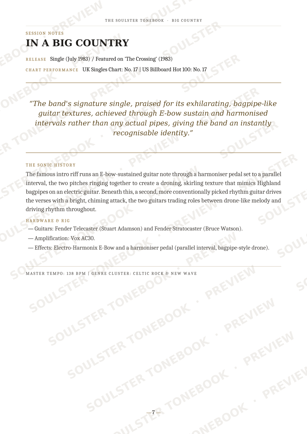 A printed page from a music publication showing the front cover of a single titled "IN A BIG COUNTRY," with release details, a review quote, track listing, and liner notes. The page is mostly white with black text and diagonal watermark text across it.