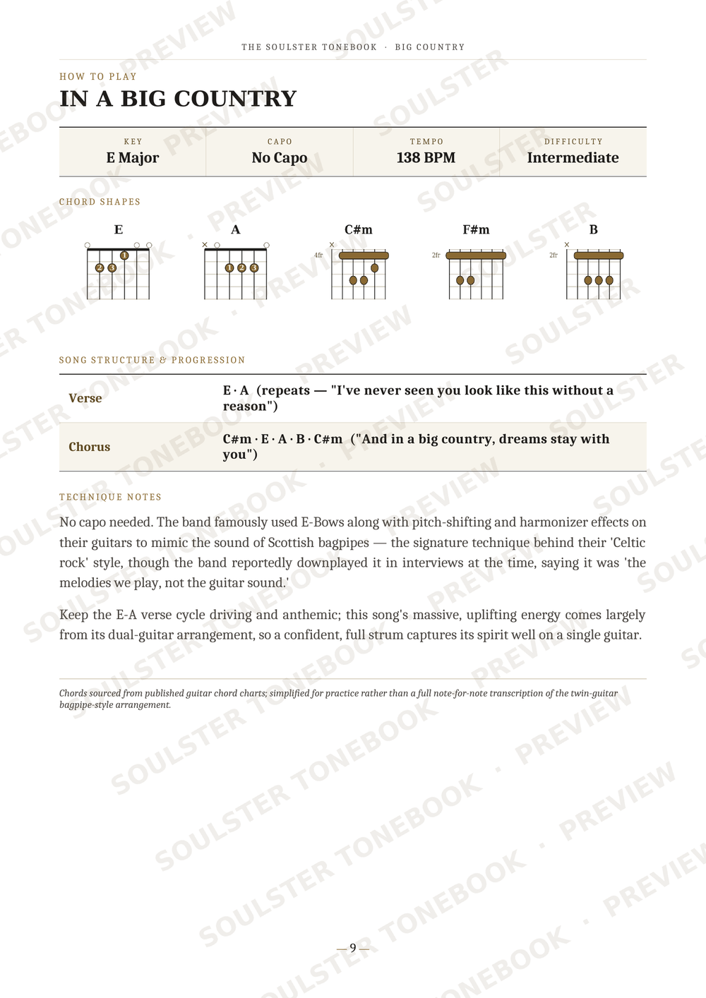 A printed or digital page from a guitar songbook titled 'IN A BIG COUNTRY' with chord diagrams, tempo, key, and instructional notes for a song. The page includes six guitar chord diagrams labeled E, A, C#m, Fm, and B, plus verse and chorus text.