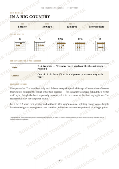 A printed or digital page from a guitar songbook titled 'IN A BIG COUNTRY' with chord diagrams, tempo, key, and instructional notes for a song. The page includes six guitar chord diagrams labeled E, A, C#m, Fm, and B, plus verse and chorus text.