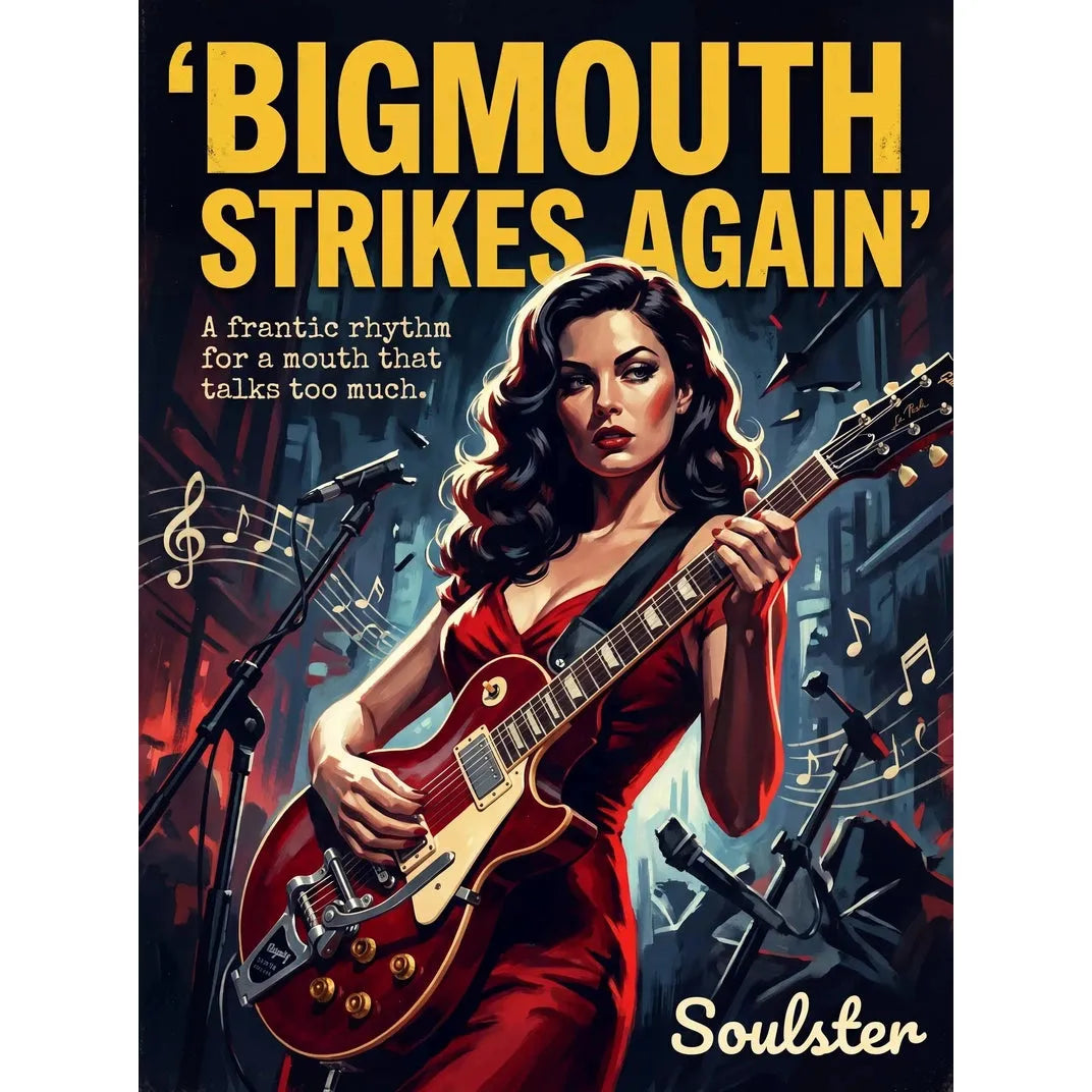 Soulster cinematic vintage pulp book cover art print illustration styled in a classic 1950s design layout inspired by Bigmouth Strikes Again.