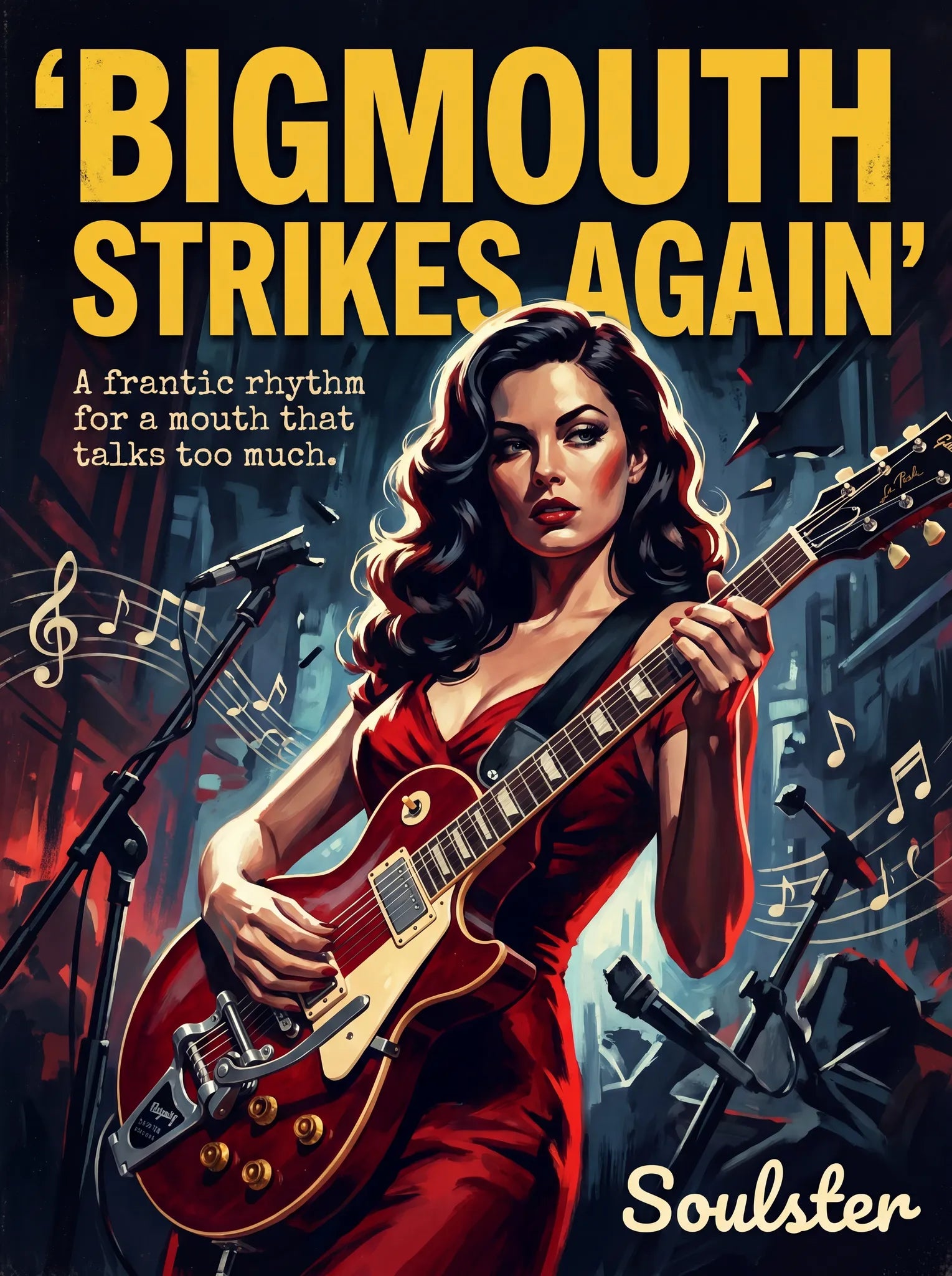 Soulster cinematic vintage pulp book cover art print illustration styled in a classic 1950s design layout inspired by Bigmouth Strikes Again.
