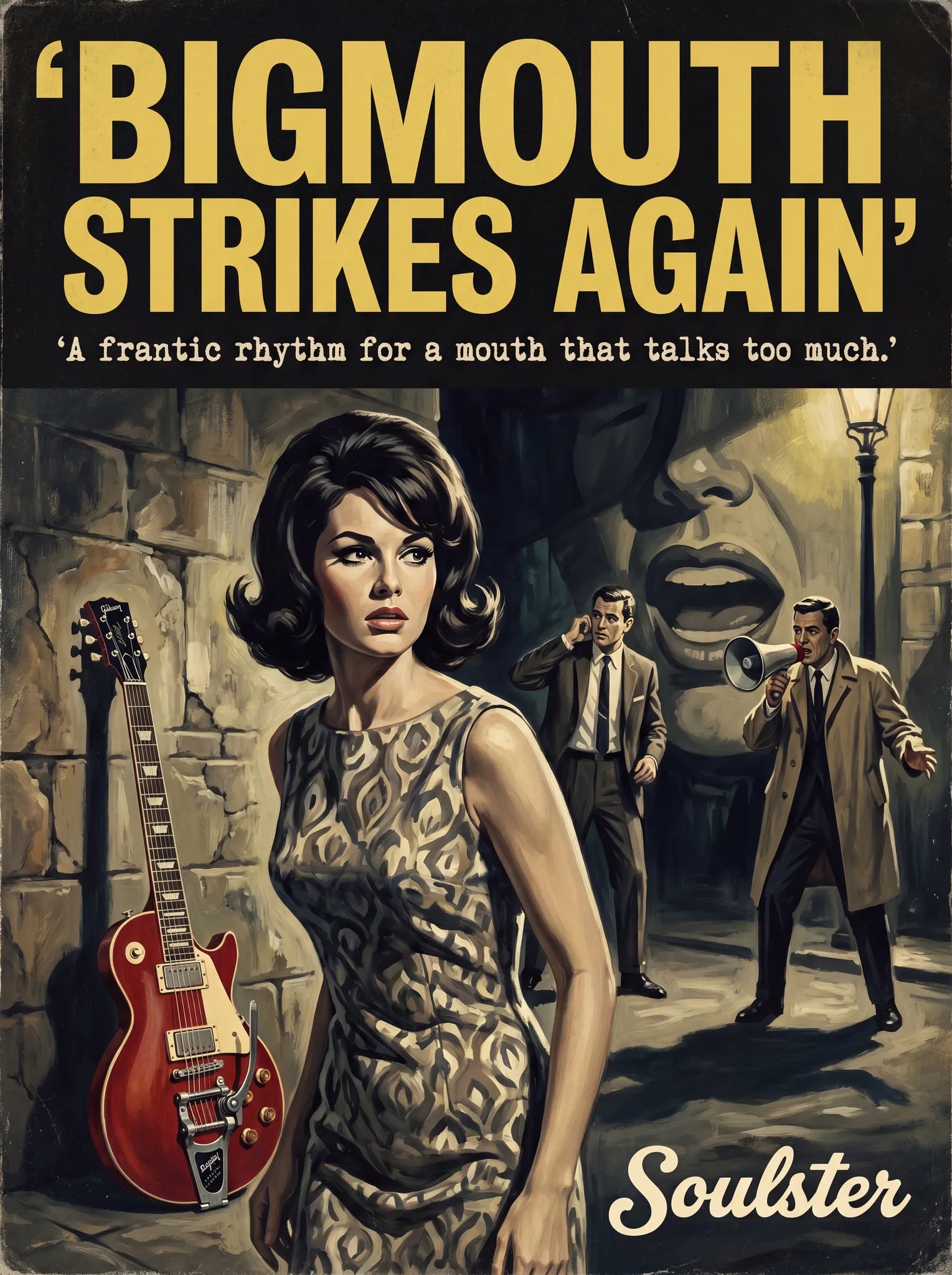 Soulster cinematic vintage pulp book cover art print illustration styled in a classic 1960s design layout inspired by Bigmouth Strikes Again.