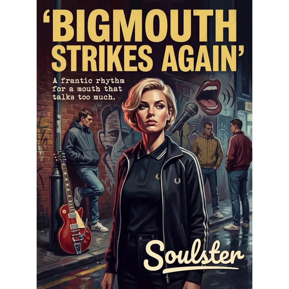 Soulster retro pulp thriller book cover style art print illustration inspired by The Smiths - Bigmouth Strikes Again.