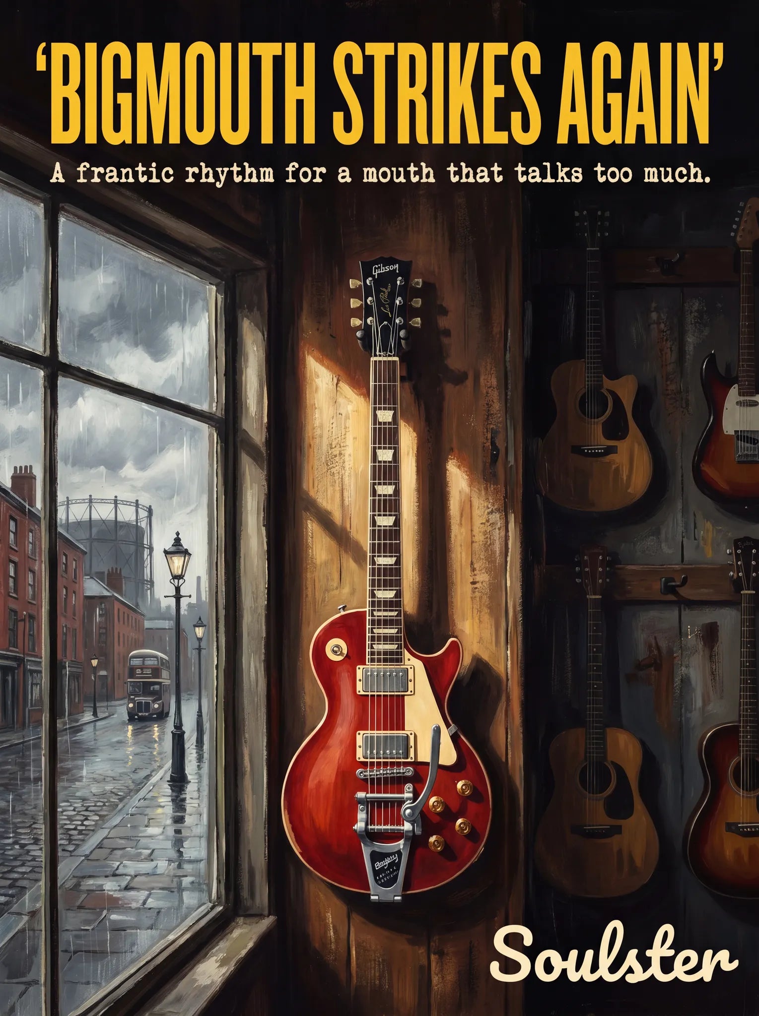 Soulster Manchester Edition wall art print showing a cinematic pulp style design of a Gibson Les Paul Standard inspired by Bigmouth Strikes Again.