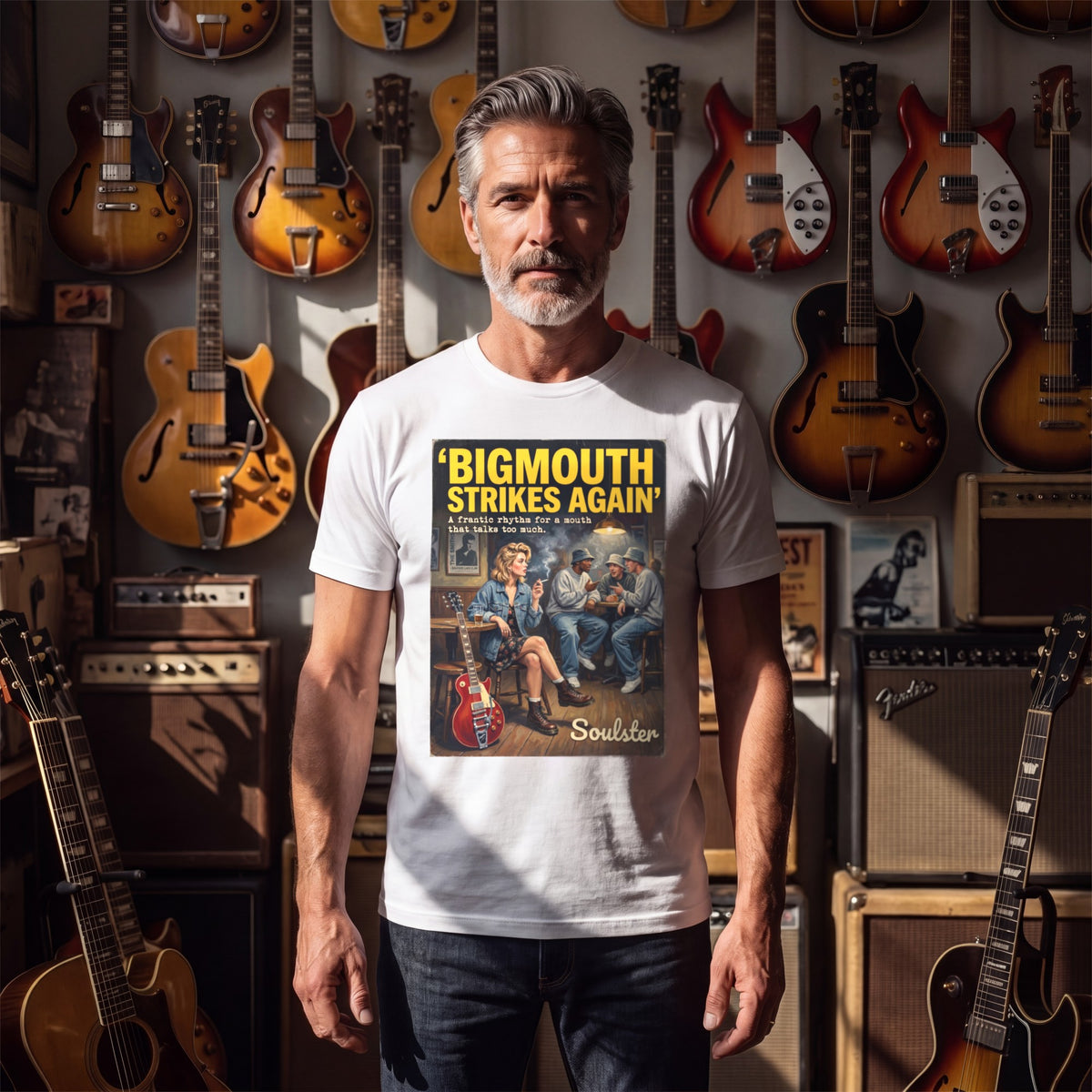 Man wearing the Bigmouth Strikes Again T-Shirt - Northern Life Edition in a guitar shop in natural daylight.
