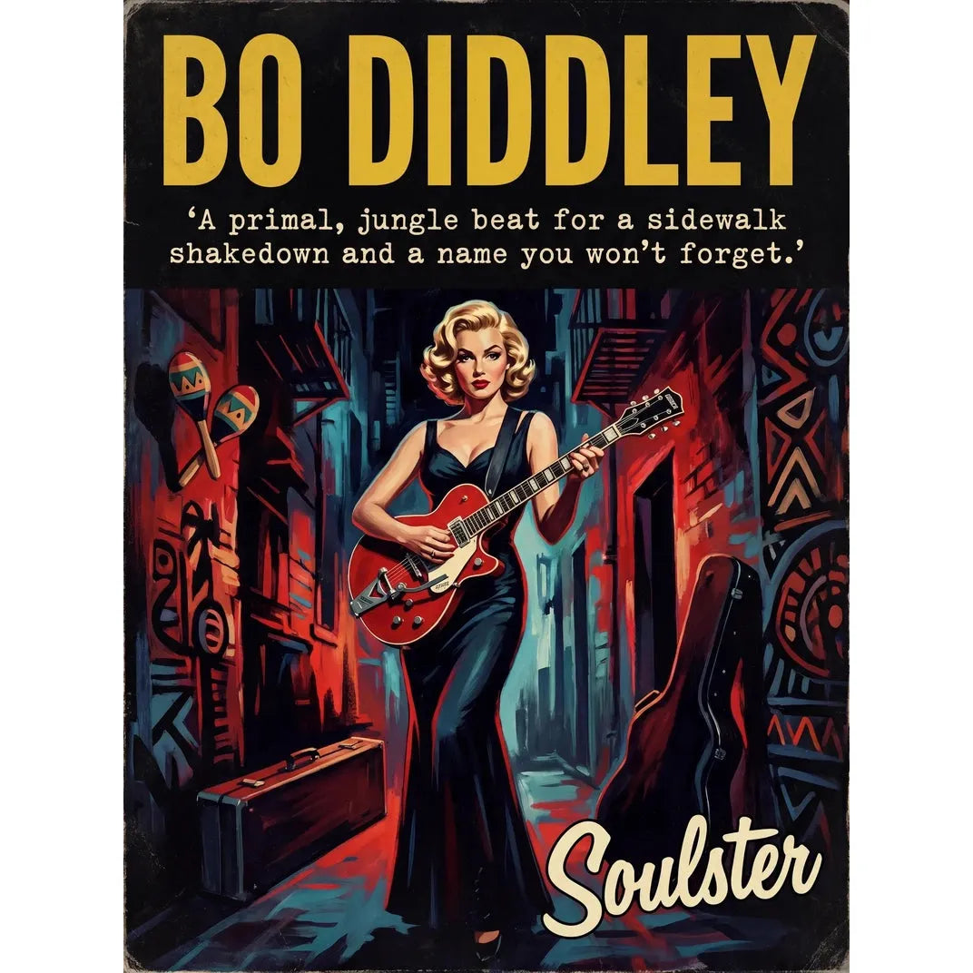 Soulster cinematic vintage pulp book cover art print illustration styled in a classic 1950s theme inspired by Bo Diddley.