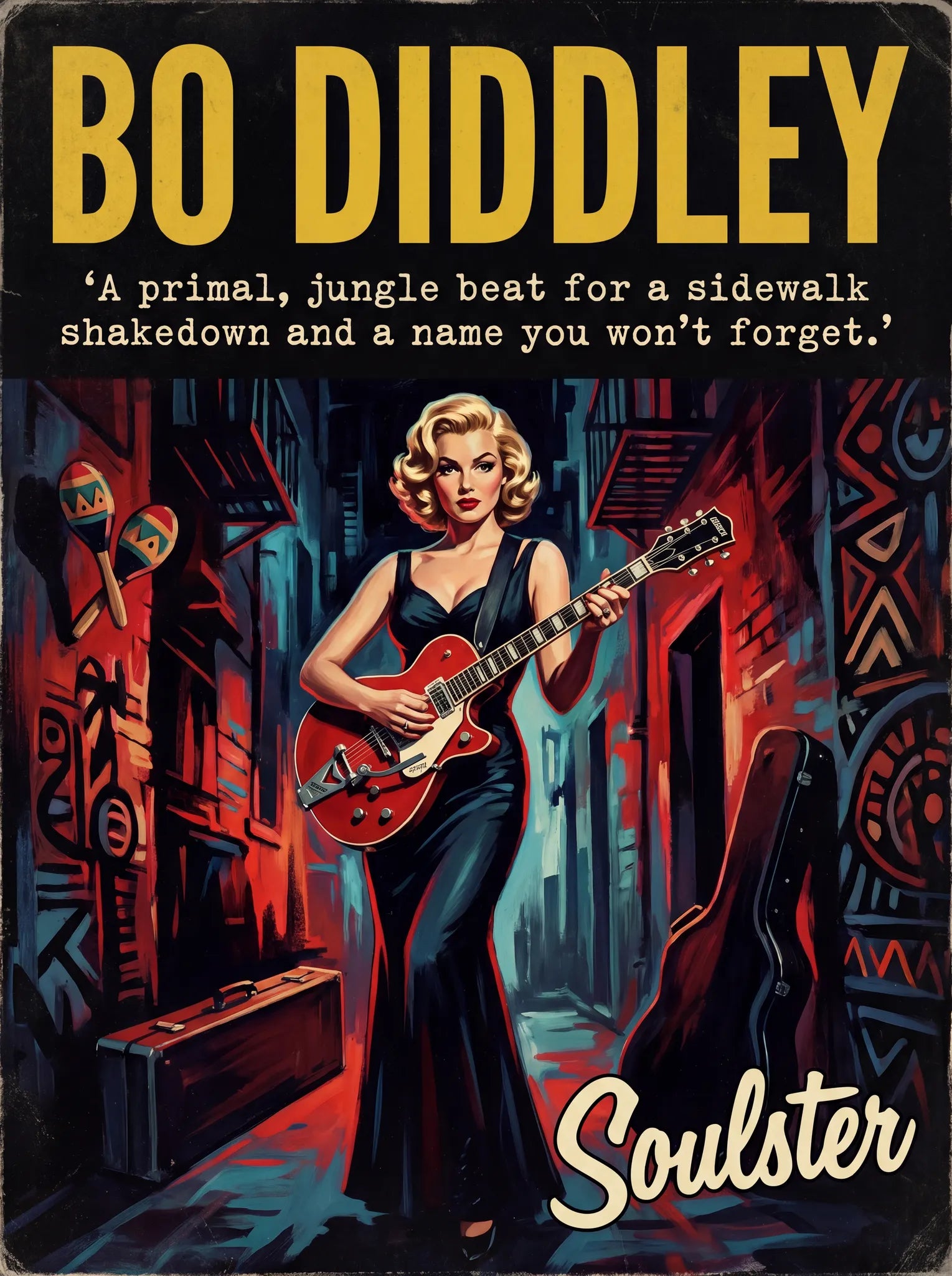 Soulster cinematic vintage pulp book cover art print illustration styled in a classic 1950s theme inspired by Bo Diddley.