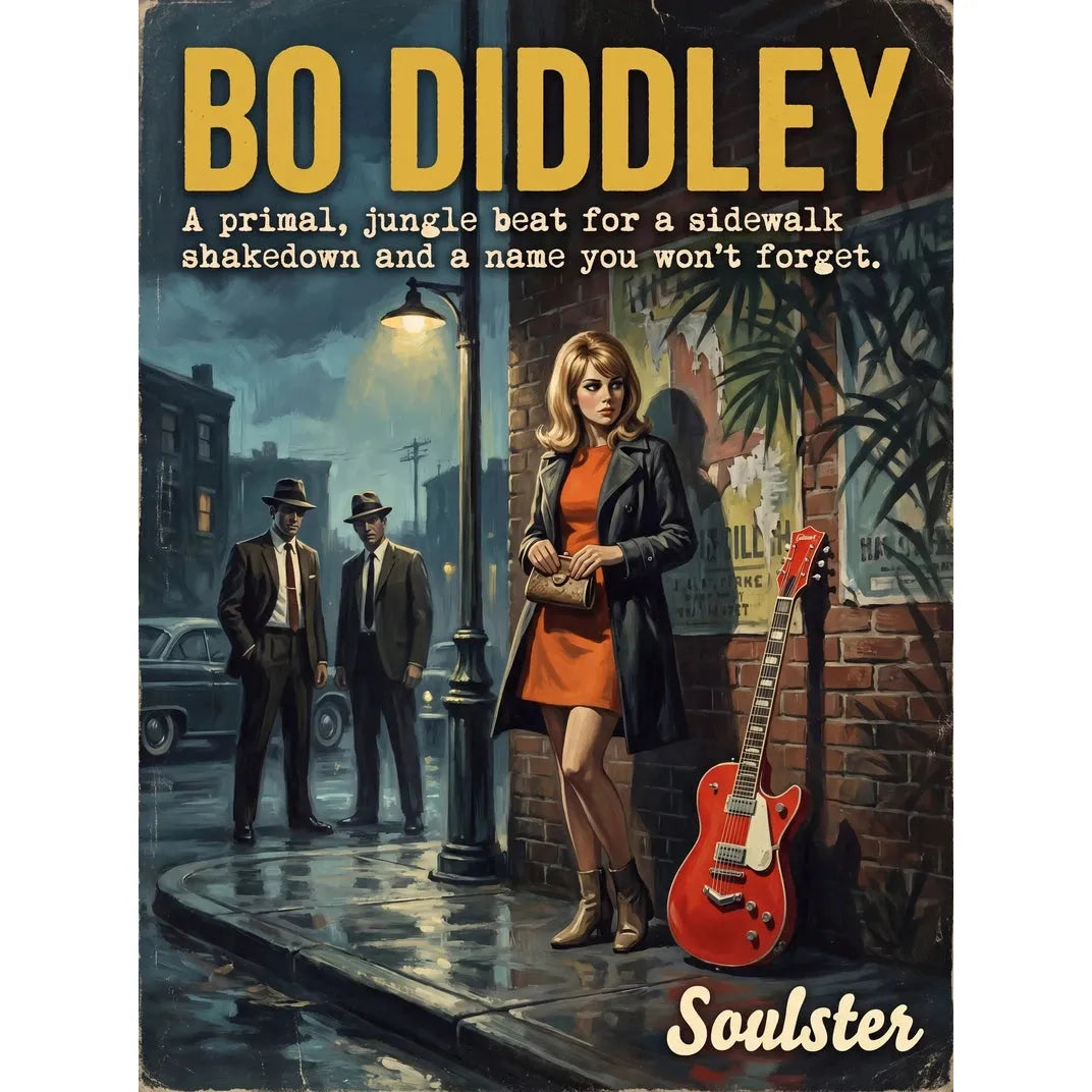 Soulster cinematic vintage pulp book cover art print illustration styled in a classic 1960s theme inspired by Bo Diddley.