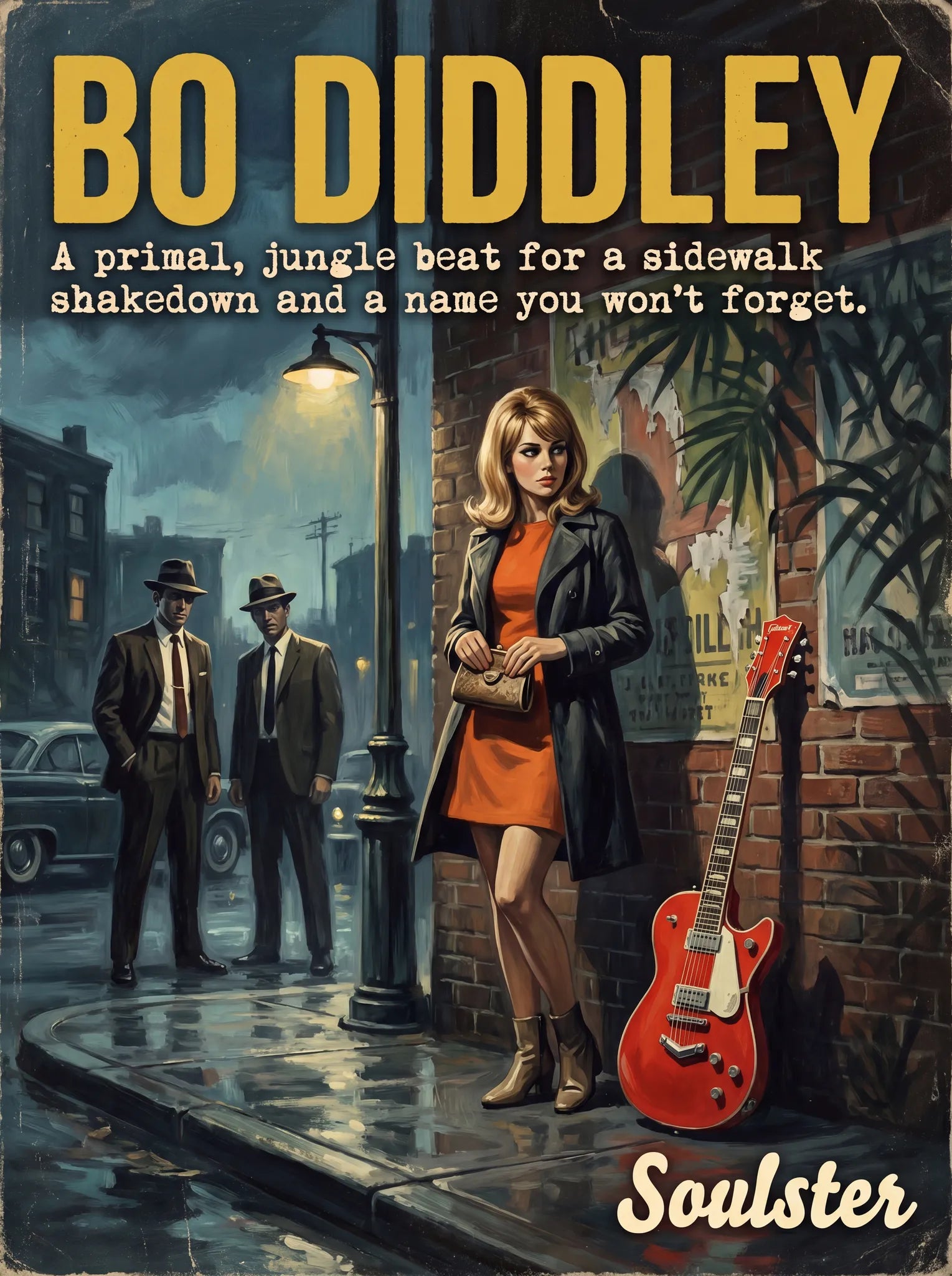 Soulster cinematic vintage pulp book cover art print illustration styled in a classic 1960s theme inspired by Bo Diddley.