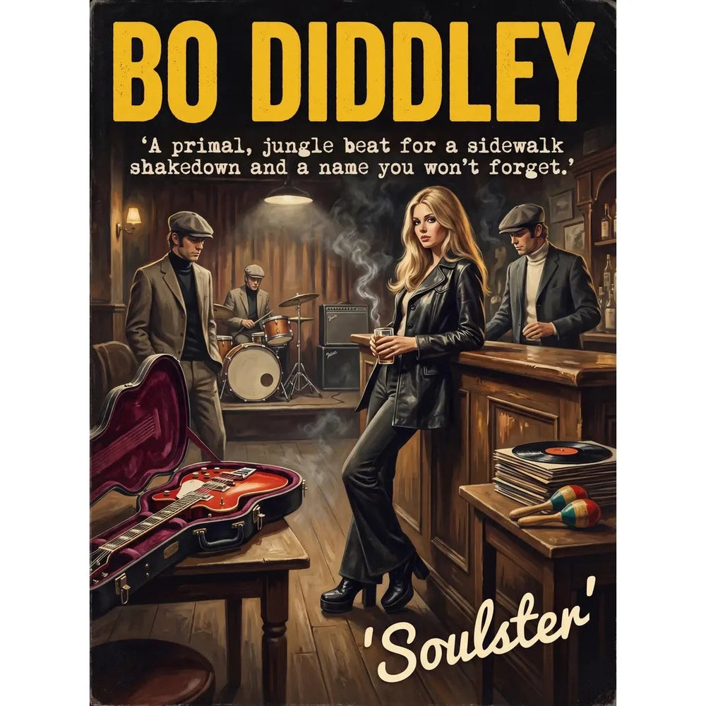 Soulster cinematic vintage pulp book cover art print illustration styled in a classic 1970s theme inspired by Bo Diddley.