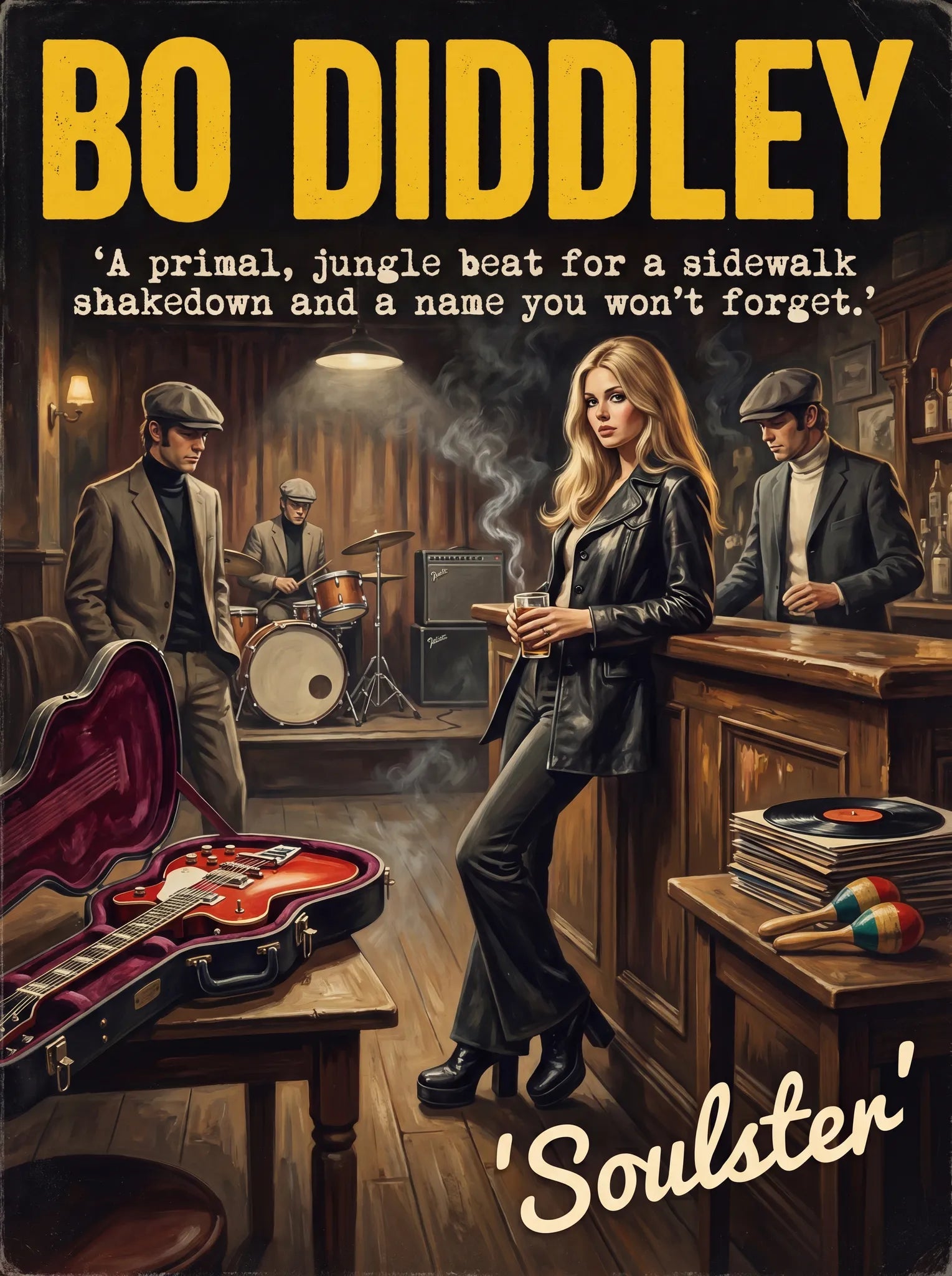 Soulster cinematic vintage pulp book cover art print illustration styled in a classic 1970s theme inspired by Bo Diddley.
