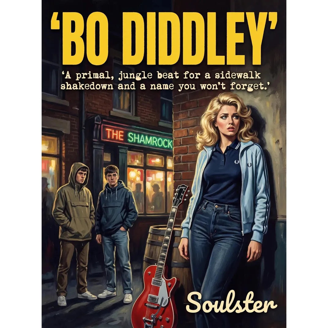 Soulster retro pulp thriller book cover style art print illustration inspired by Alternative Indie - Bo Diddley.
