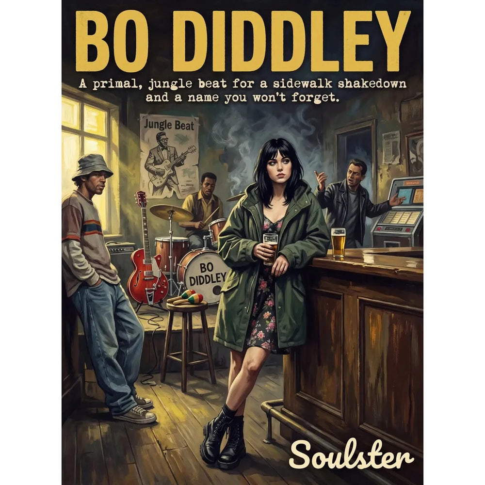 Soulster cinematic vintage pulp book cover art print illustration styled in a classic 1990s theme inspired by Bo Diddley.