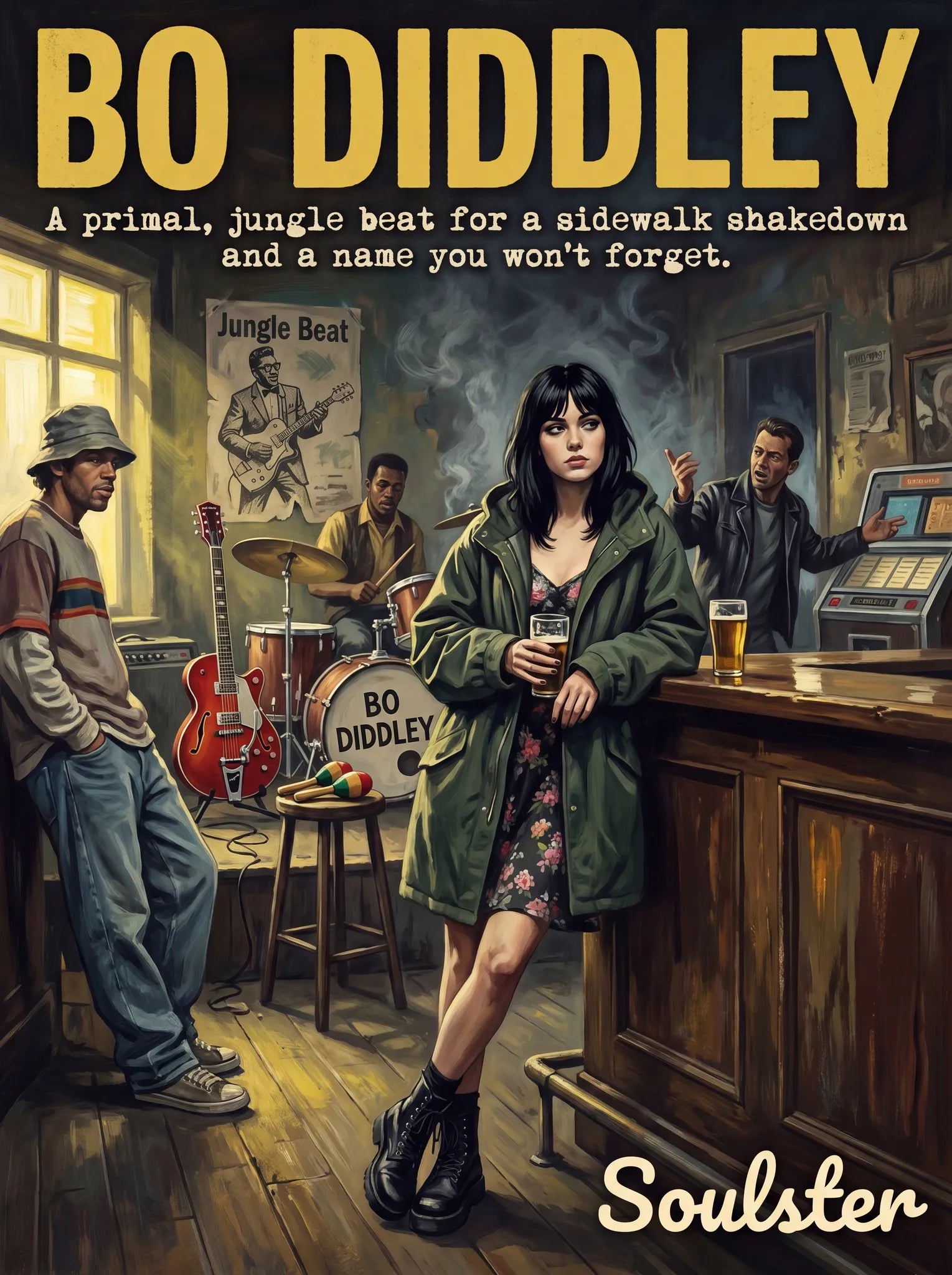 Soulster cinematic vintage pulp book cover art print illustration styled in a classic 1990s theme inspired by Bo Diddley.
