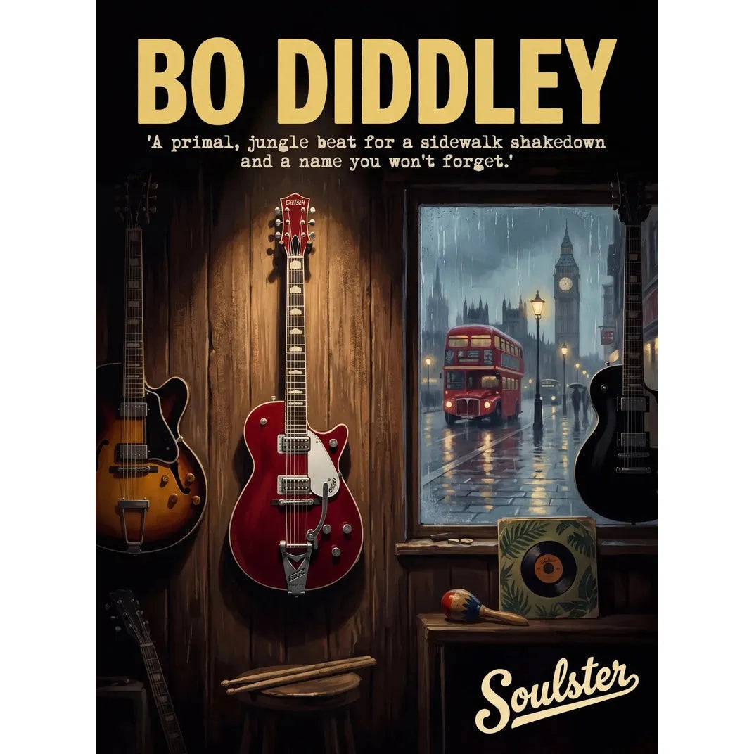 Soulster Manchester Edition wall art print showing a cinematic pulp style design of a Vintage Guitar inspired by Bo Diddley - London.
