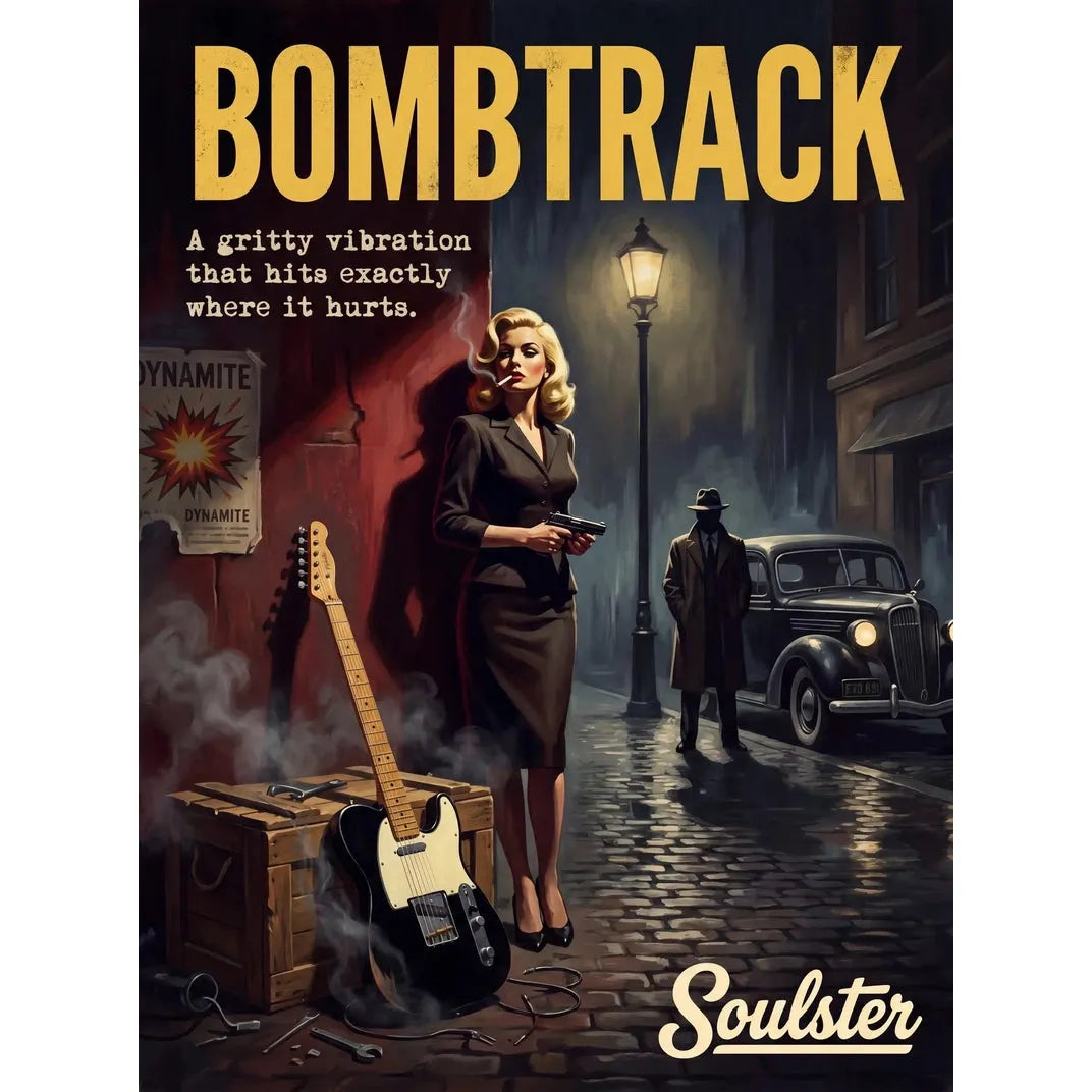 Soulster cinematic vintage pulp book cover art print illustration styled in a classic 1950s design layout inspired by Bombtrack.