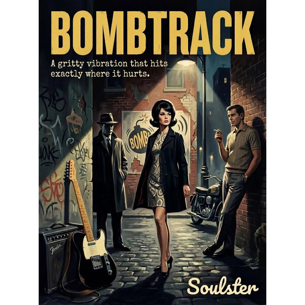 Soulster cinematic vintage pulp book cover art print illustration styled in a classic 1960s design layout inspired by Bombtrack.