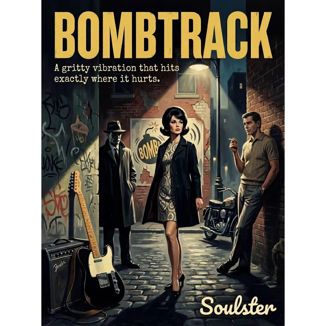 Soulster cinematic vintage pulp book cover art print illustration styled in a classic 1960s design layout inspired by Bombtrack.