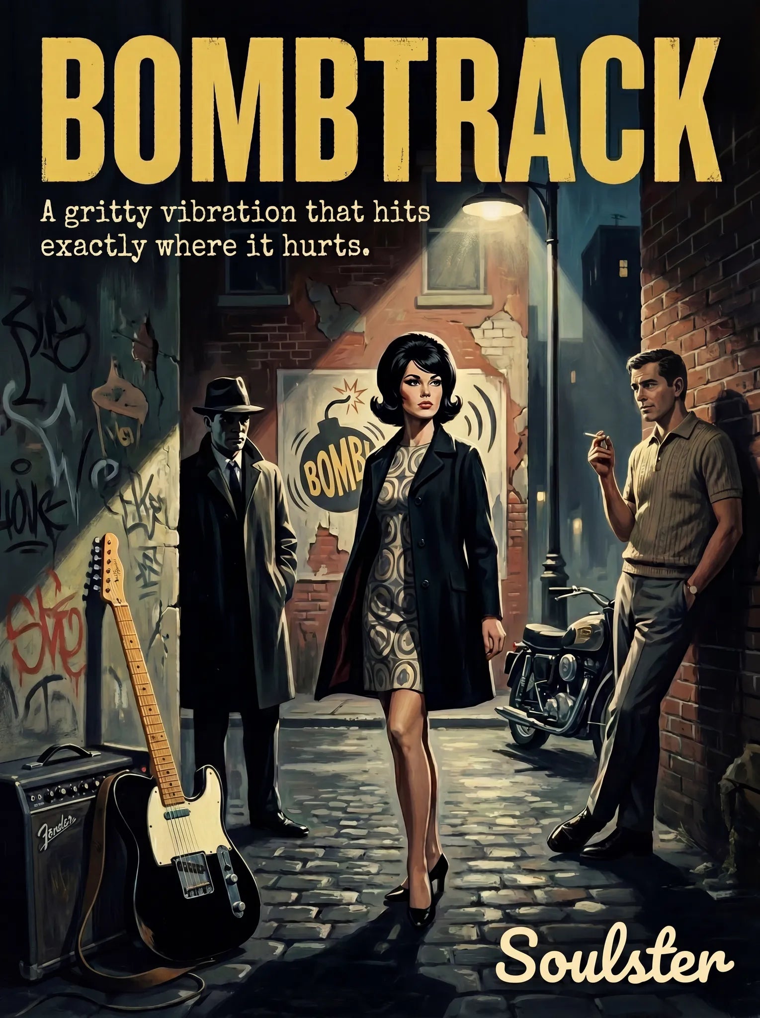 Soulster cinematic vintage pulp book cover art print illustration styled in a classic 1960s design layout inspired by Bombtrack.