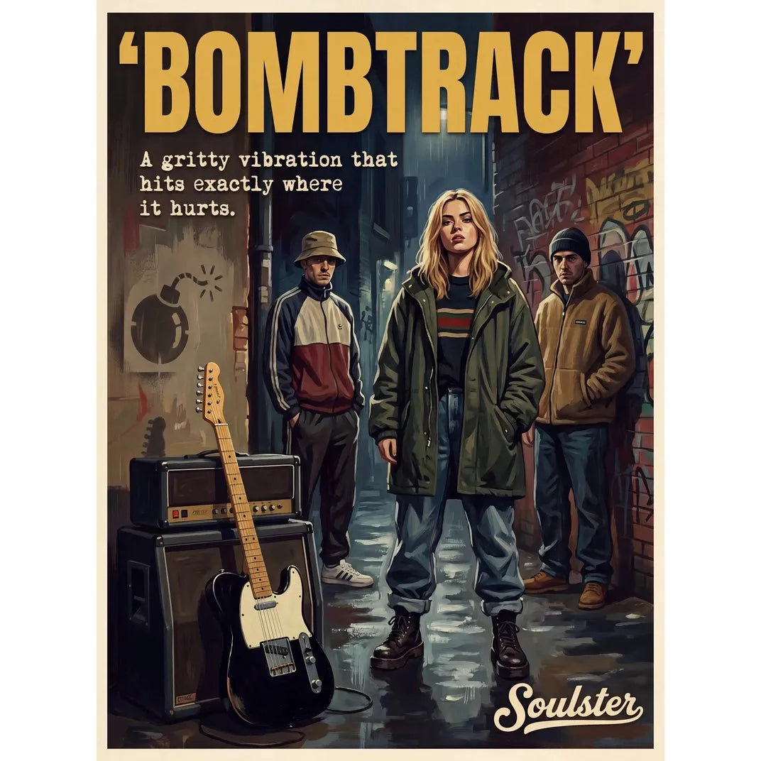 Soulster cinematic vintage pulp book cover art print illustration styled in a classic 1990s design layout inspired by Bombtrack.