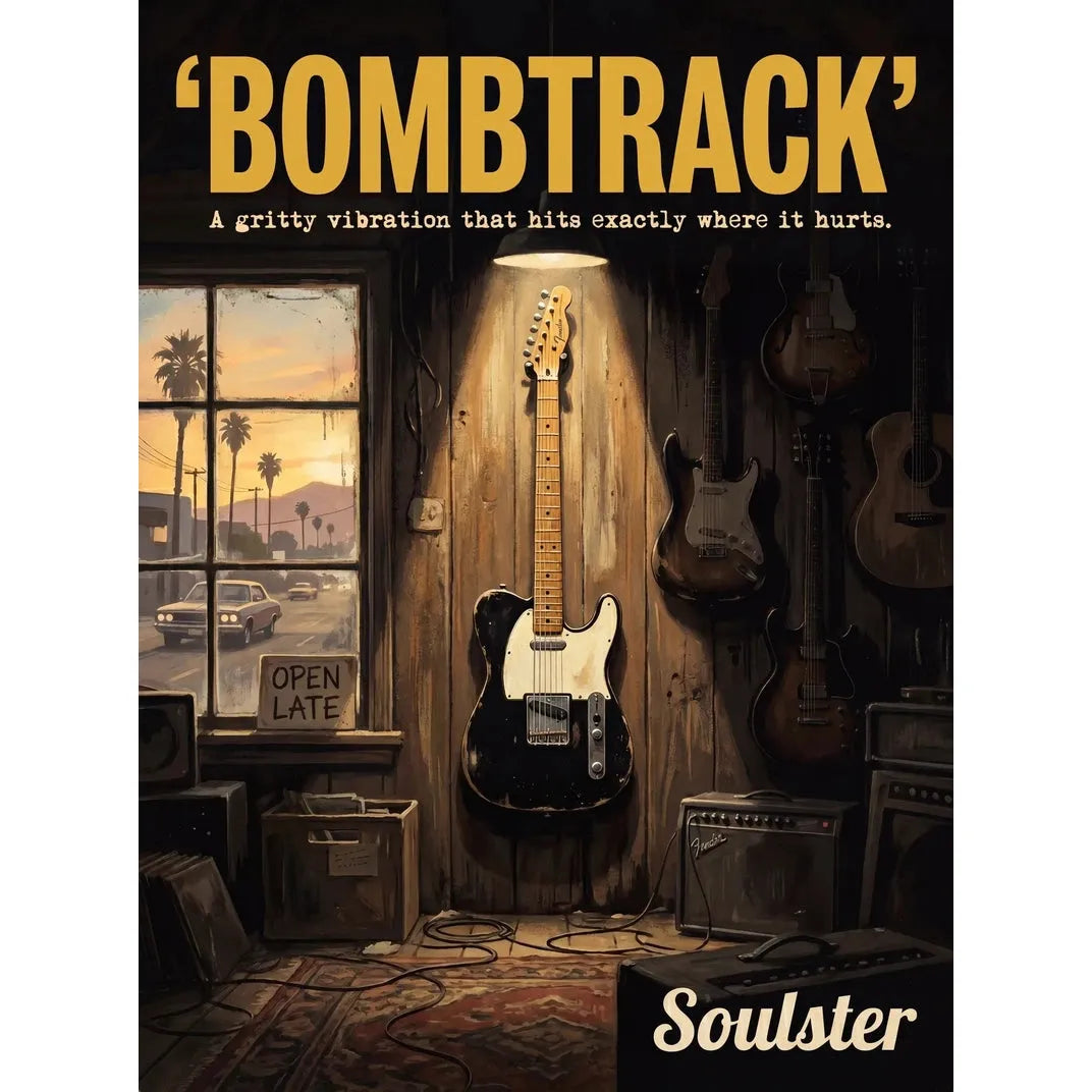 Soulster Manchester Edition wall art print showing a cinematic pulp style design of a Vintage Guitar inspired by Bombtrack - Los Angeles.