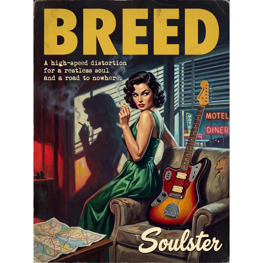 Soulster cinematic vintage pulp book cover art print illustration styled in a classic 1950s design layout inspired by Breed.