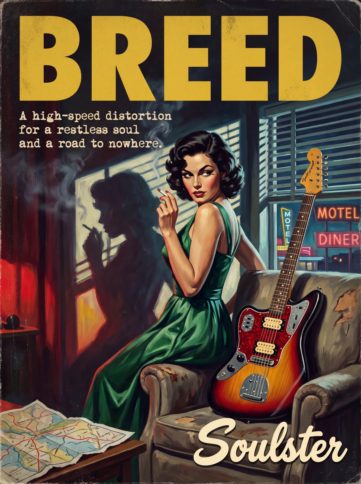 Soulster cinematic vintage pulp book cover art print illustration styled in a classic 1950s design layout inspired by Breed.