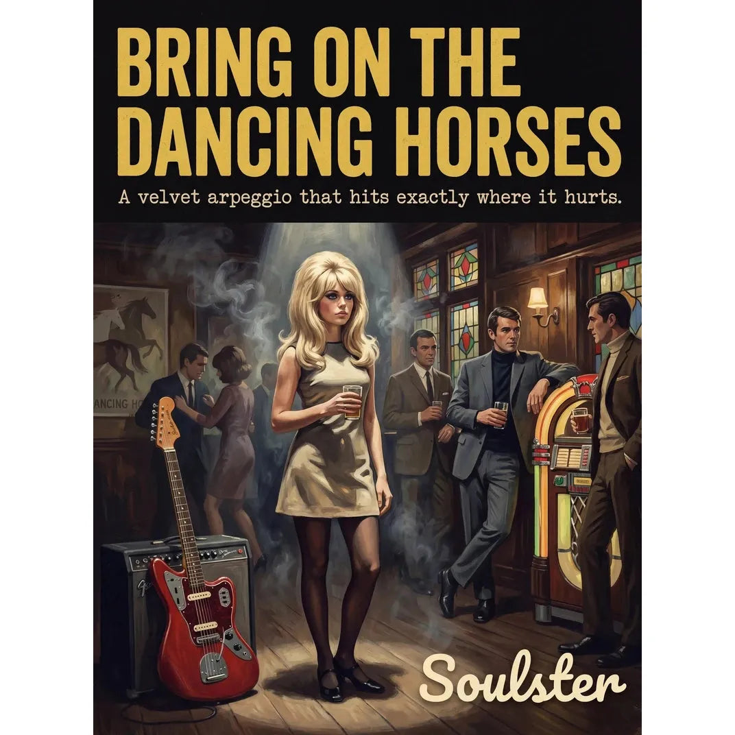 Soulster cinematic vintage pulp book cover art print illustration styled in a classic 1960s design layout inspired by Bring On The Dancing Horses.