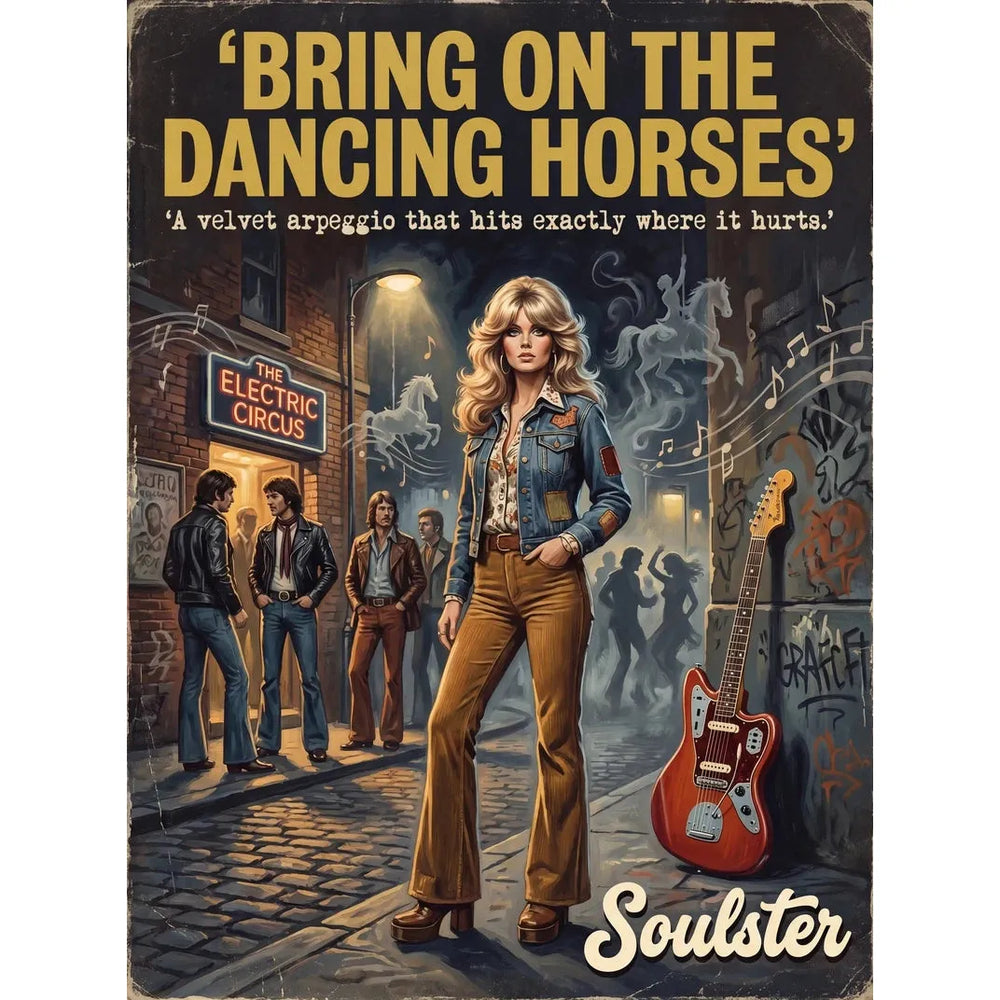 Soulster cinematic vintage pulp book cover art print illustration styled in a classic 1970s design layout inspired by Bring On The Dancing Horses.