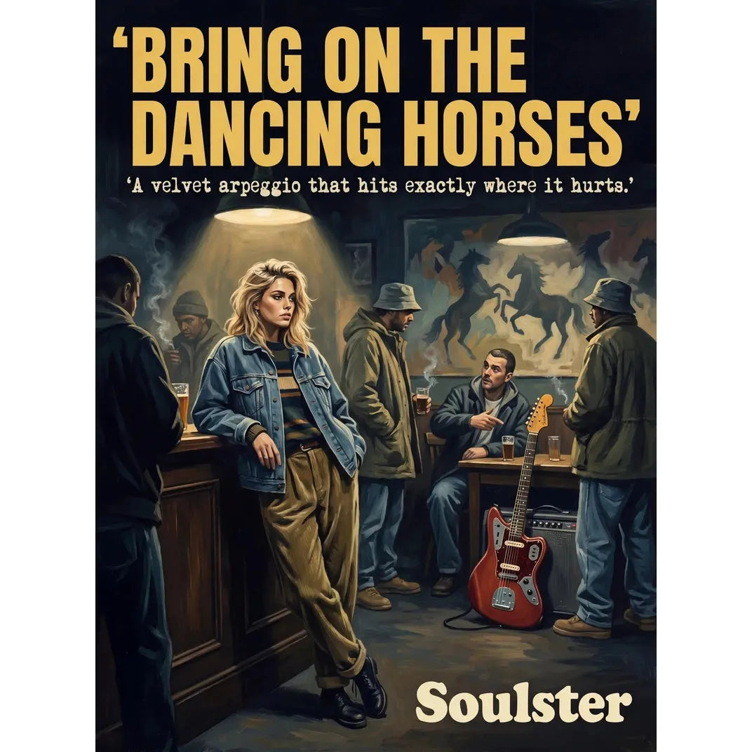 Soulster cinematic vintage pulp book cover art print illustration styled in a classic 1990s design layout inspired by Bring On The Dancing Horses.
