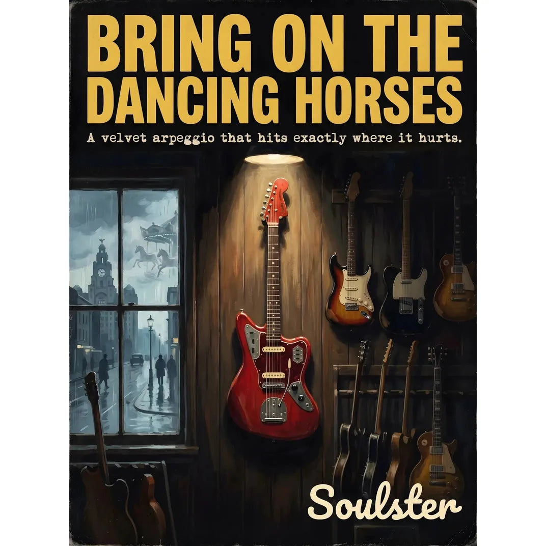 Soulster Manchester Edition wall art print showing a cinematic pulp style design of a Vintage Guitar inspired by Bring On The Dancing Horses - Liverpool.