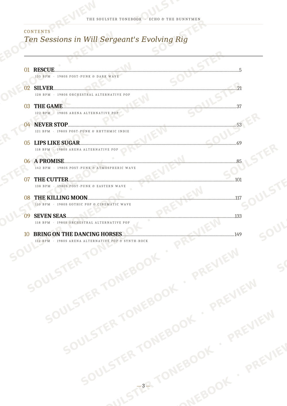 A printed table of contents page from a book, titled 'Ten Sessions in Will Sergeant's Evolving Rig,' with chapter headings and page numbers. The page is light gray with black text and repeated diagonal 'SOULSTER TONEBOOK PREVIEW' watermarks across it.