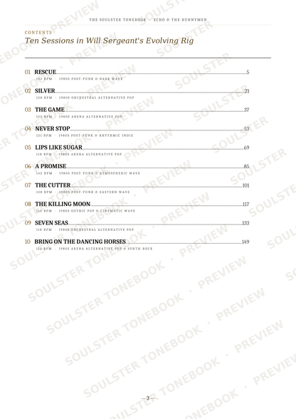 A printed table of contents page from a book, titled 'Ten Sessions in Will Sergeant's Evolving Rig,' with chapter headings and page numbers. The page is light gray with black text and repeated diagonal 'SOULSTER TONEBOOK PREVIEW' watermarks across it.