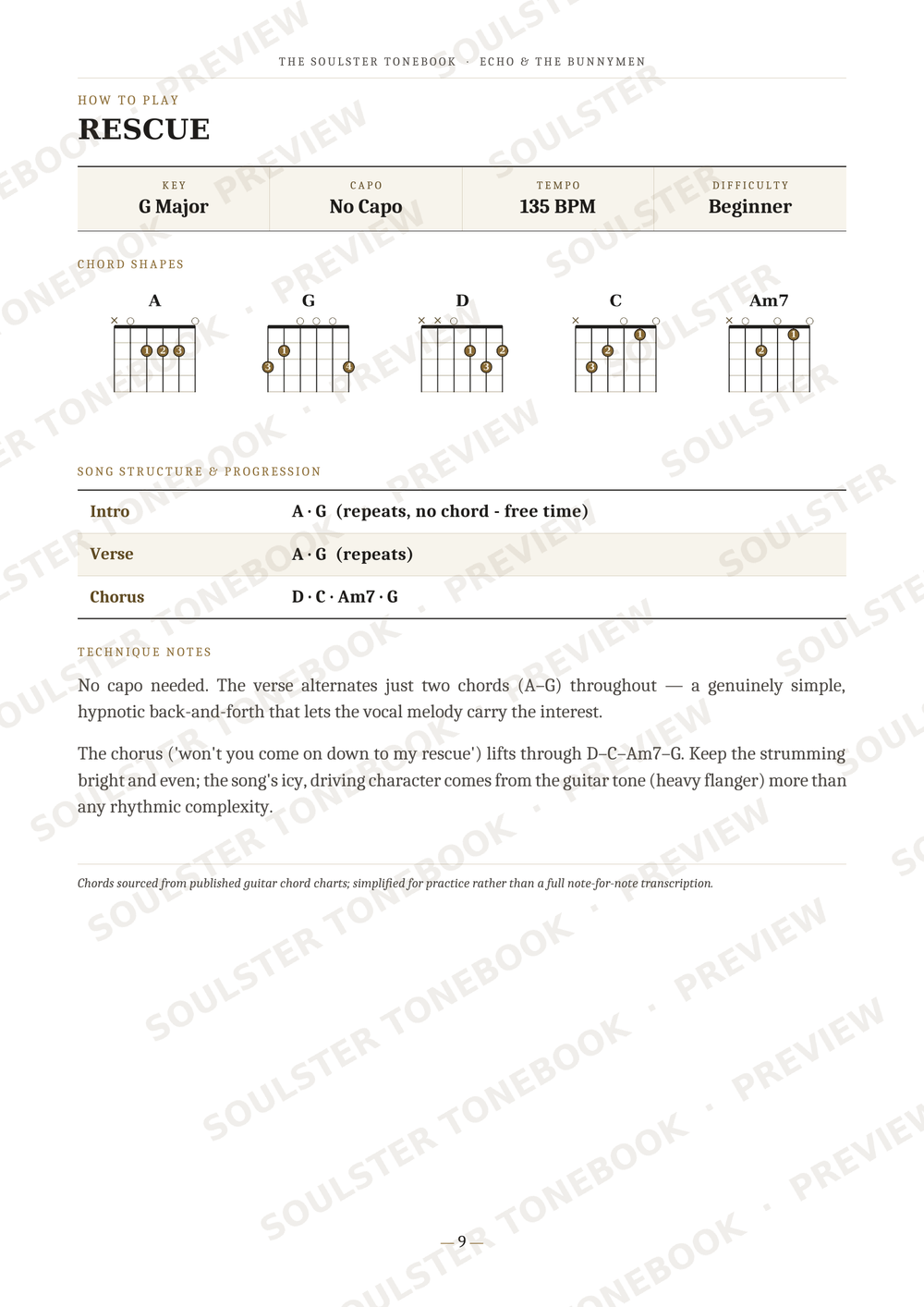 A guitar chord chart titled 'REScue' showing chord diagrams for G, D, C, and Am7, along with strumming patterns, intro and verse chords, and chord substitution notes on a white page with faint diagonal watermark text.