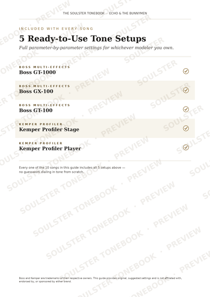 A text-based setup guide page from Soulster Tonebook titled '5 Ready-to-Use Tone Setsups' with listed compatible software brands including Boss Multi-Effects, Kemper Profiler Stage, and Kemper Profiler Player. The page has a white background with black text and pale beige highlighted sections, overlaid with repeated Soulster Tonebook preview watermarks.